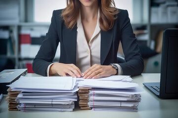 businesswoman sitting and working hard　surrounded by lots of documents on the table in workplace of modern office. - obrazy, fototapety, plakaty