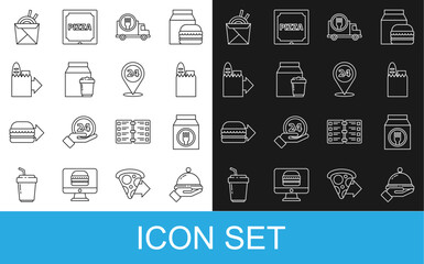 Set line Covered with a tray of food, Online ordering and delivery, Shopping bag, Fast by car, Asian noodles chopsticks and Round the clock icon. Vector