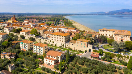 Fototapeta na wymiar Aerial view on historical center of Castiglione del Lago, in Umbria, Italy. The town is located on Lake Trasimeno in the province of Perugia.