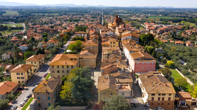 Aerial view on historical center of Castiglione del Lago, in Umbria, Italy. The town is located in the province of Perugia and is built on a plateau.