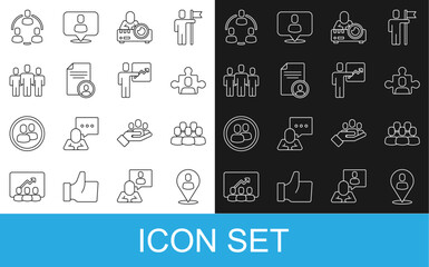 Set line Worker location, Project team base, Media projector, Resume, Users group, and Team leader icon. Vector