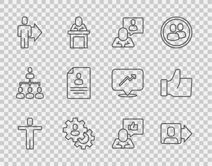 Set line Head hunting, Team leader, Resume, Hand like and icon. Vector