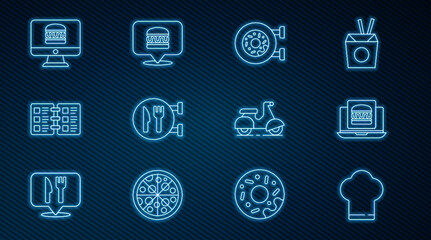 Set line Chef hat, Online ordering burger delivery, Donut, Cafe and restaurant location, Restaurant cafe menu, Scooter and icon. Vector
