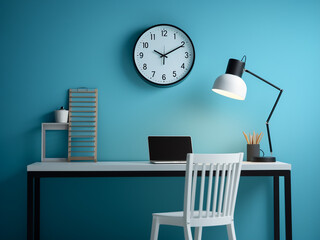 A cozy blue home office with elegant interior. AI Generation.