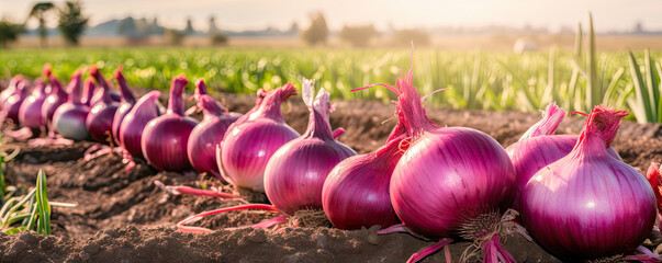 Raw red onions on farm fiels in wide banner.