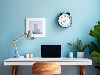 A serene blue home office with stylish furniture. AI Generation.