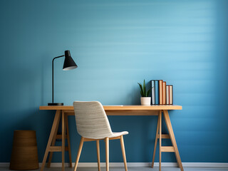 A calming blue home office with contemporary interior. AI Generation.