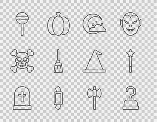 Set line Tombstone with cross, Pirate hook, Moon and stars, Candy, Lollipop, Witches broom, Wooden axe and Magic wand icon. Vector