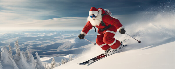 Happy santa claus skiing in winter on snowy slope.