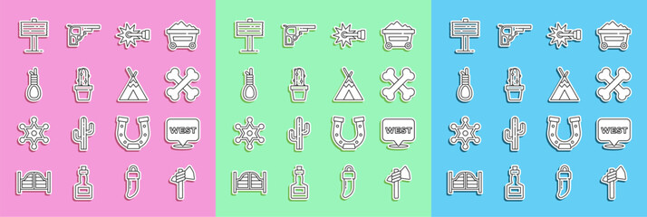 Set line Tomahawk axe, Pointer to wild west, Crossed human bones, Spur, Cactus peyote pot, Gallows rope loop hanging, Road traffic signpost and Indian teepee or wigwam icon. Vector © Vadim