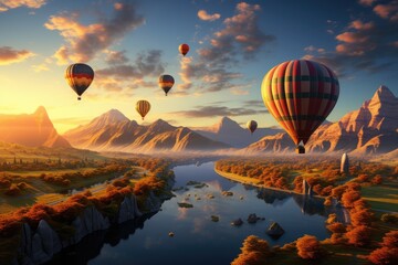 Hot air balloons flying over an amazing landscape at sunset