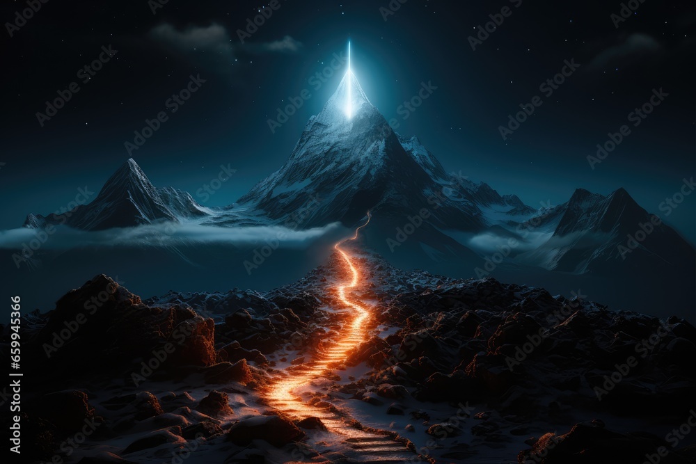 Canvas Prints illustration of illuminated path to a mountain. climbing and reaching summits concept