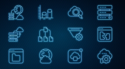 Set line Cloud technology data transfer, Broken file, Search cloud computing, Folder tree, Network connection, Filter setting and Data analysis icon. Vector