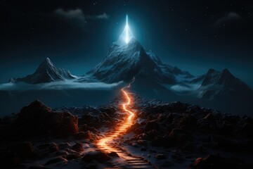 Illustration of illuminated path to a mountain. Climbing and reaching summits concept - obrazy, fototapety, plakaty
