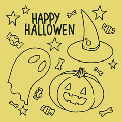 Halloween doodle. A set of funny Halloween-themed icons. Line Halloween art