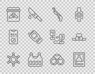 Set line Hexagram sheriff, Wanted poster, Police shotgun, Bulletproof vest, Evidence bag with, Walkie talkie, Handcuffs and Sheriff hat badge icon. Vector