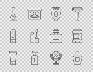 Set line Cream or lotion cosmetic tube, Perfume, Epilator, Nail polish bottle, Mascara brush, Round makeup mirror and Antiperspirant deodorant roll icon. Vector