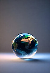 Globular clear sphere on grey background containing a map of the planet Earth