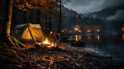 Camping area by a lake - obrazy, fototapety, plakaty