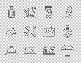 Set line Hotel service bell, Sun protective umbrella, Sunscreen cream in tube, Airline ticket, Suitcase, Plane, Sand castle and Compass icon. Vector