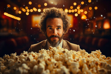 Excited adult male man scared shocked or impressed holding a lot of huge bunch of popcorn. Enjoy watching horror movie or thriller in the cinema hall. Bright facial expression, human emotions concept - obrazy, fototapety, plakaty