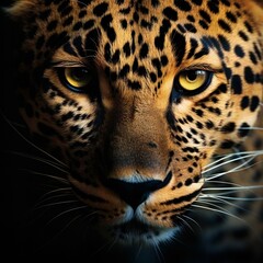 Head shot, portrait of a Spotted leopard facing at the camera on black background