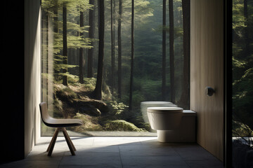 Minimal modern toilet with green nature background.