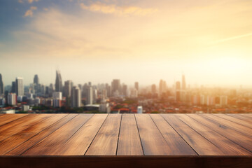 Top surface wooden table with blurred buildings and sun light background.