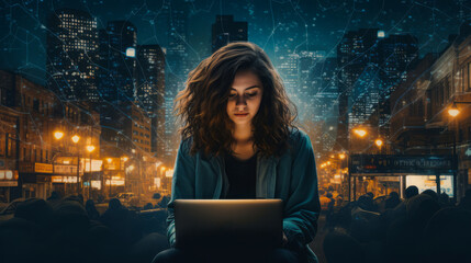 Young beautiful girl uses laptop at night. Concept of online dating and matching.
