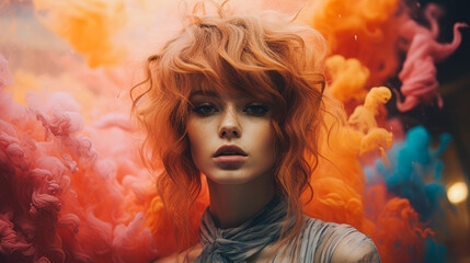 Young hippie girl with orange hairdo. Background of smoke and dense clouds. Portrait of a smoke girl.