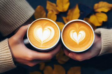 Two autumn coffee with hearts in hands for two with love. Cozy time in autumn. Close up. View from above.