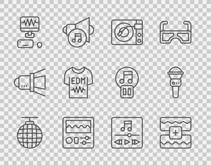 Set line Disco ball, Music wave equalizer, Vinyl player with vinyl disk, Drum machine, recording studio, T-shirt, and Microphone icon. Vector