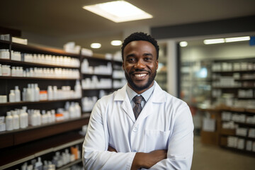 Friendly smiling African American male professional pharmacist in shirt, arms crossed in lab white coat standing in pharmacy shop or drugstore in front of shelf with medicines. Health care concept.