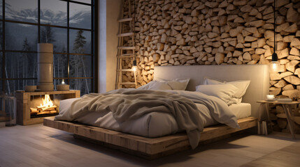 Natural log lampshade near bed