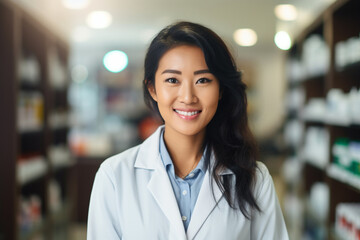 Naklejka premium Health care concept. Portrait of smiling friendly Asian female professional pharmacist in red shirt in lab white coat standing in pharmacy shop or drugstore in front of shelf with medicines