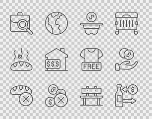 Set line Donation food, Reception of glass bottles, money, No, Work search, House with dollar, Bench and hand icon. Vector