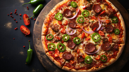 Fototapeta na wymiar Neapolitan Mexican cuisine. Pizza with salami sausage 