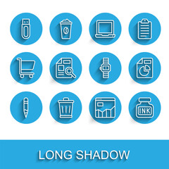 Set line Pencil, Trash can, USB flash drive, Graph chart infographic, Inkwell, Document with, and Wrist watch icon. Vector