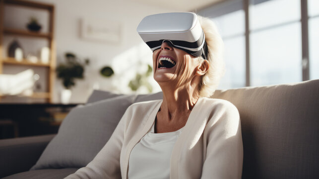 Portrait of elderly woman sitting on the sofa at home and wearing VR goggles. Senior lady experiences 3D effect. Happy retired granny enjoying virtual reality. Modern computer technology for all ages.