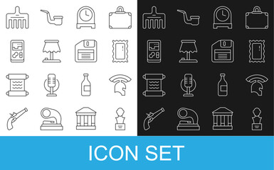 Set line Gypsum head sculpture bust, Roman army helmet, Big full length mirror, Antique clock, Table lamp, Portable video game console, Hairbrush and Floppy disk icon. Vector