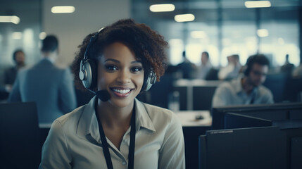A young beautiful black girl with a friendly expression on her face with a computer headset at her workplace in the call center of a large office. Customer support. Service center. Accepting orders
