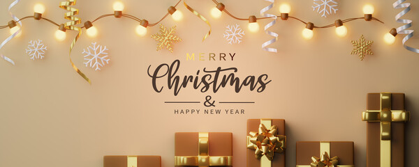 Fototapeta na wymiar Christmas banner. Background Xmas design of sparkling lights garland, with realistic gifts box. gold and white ribbon, gold and white snowflake. 