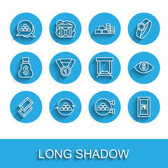 Set line Gold bars, exchange money, Jewelry store, 24k, medal, Eye with dollar and mine icon. Vector
