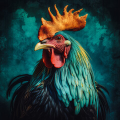 The retro rooster stands like a man on two legs in vintage, modern clothes. Dark green smoke background.