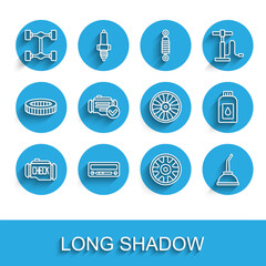 Set line Check engine, Car audio, Chassis car, Alloy wheel for, Canister motor machine oil, and icon. Vector
