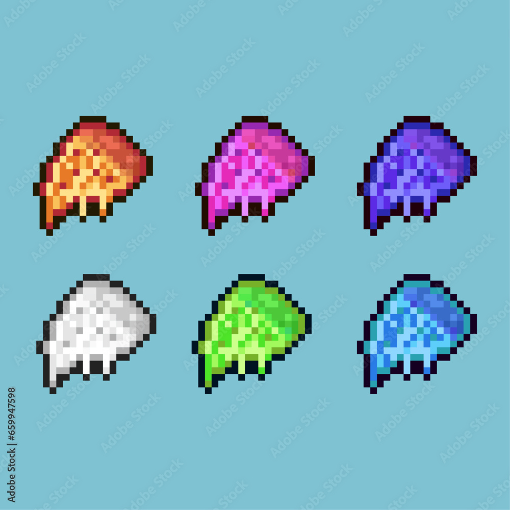 Poster pixel art sets of slice of pizza with variation color item asset. simple bits of pizza on pixelated 