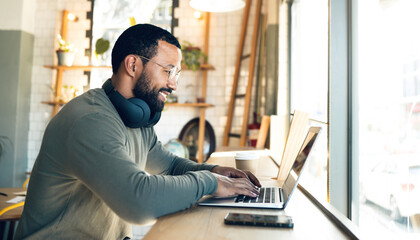 Man, remote work and laptop in coffee shop, productivity with freelance worker and copywriter, writing article and blog. Workflow, typing on pc in cafe and copywriting with technology and research