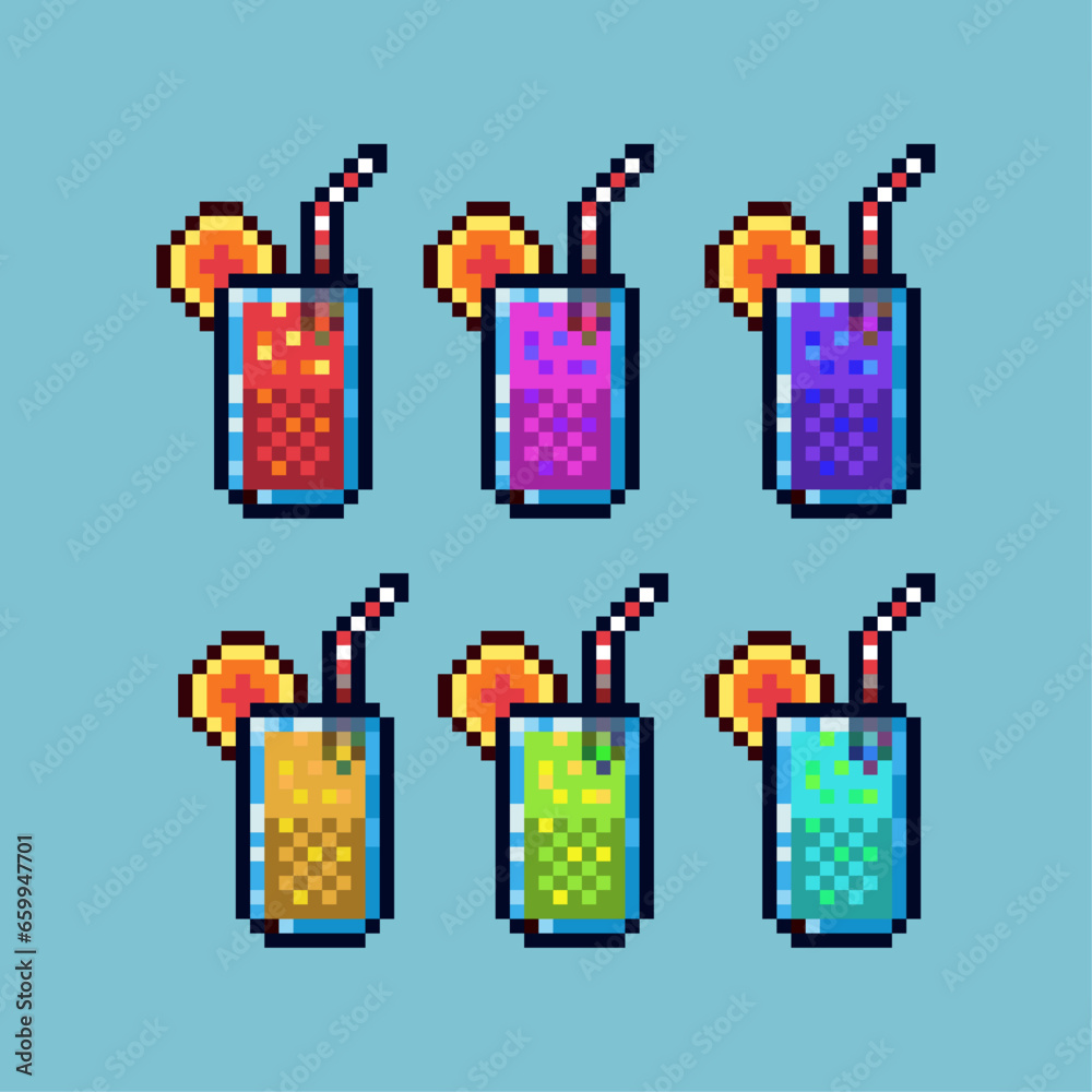 Poster pixel art sets of fresh juice with variation color item asset. simple bits of juice on pixelated sty