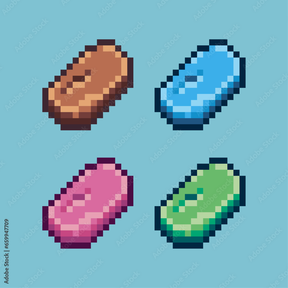 Poster pixel art sets of bread with variation color item asset. simple bits of brown bread on pixelated sty