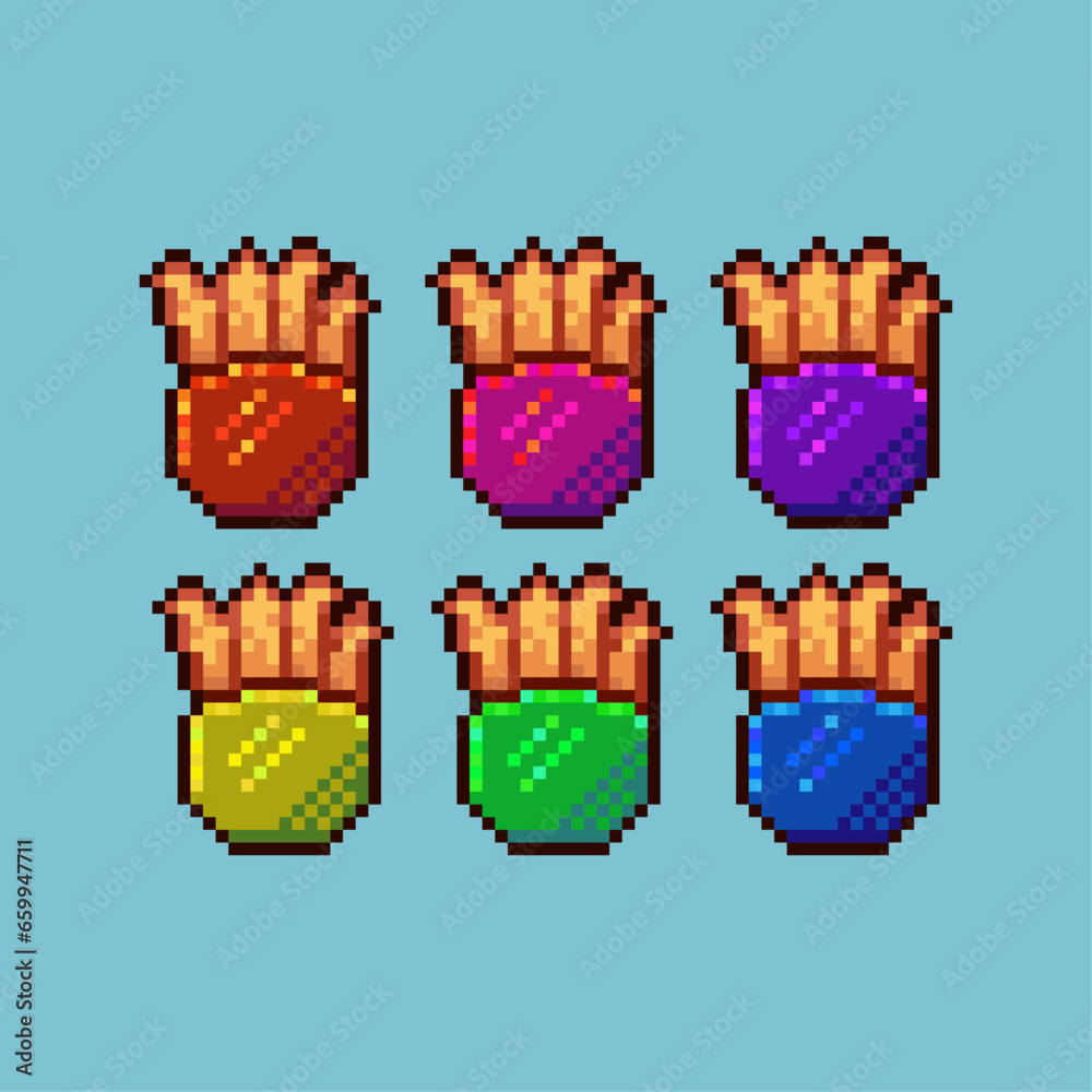 Poster pixel art sets of french fries with variation color item asset. simple bits of french fries on pixel